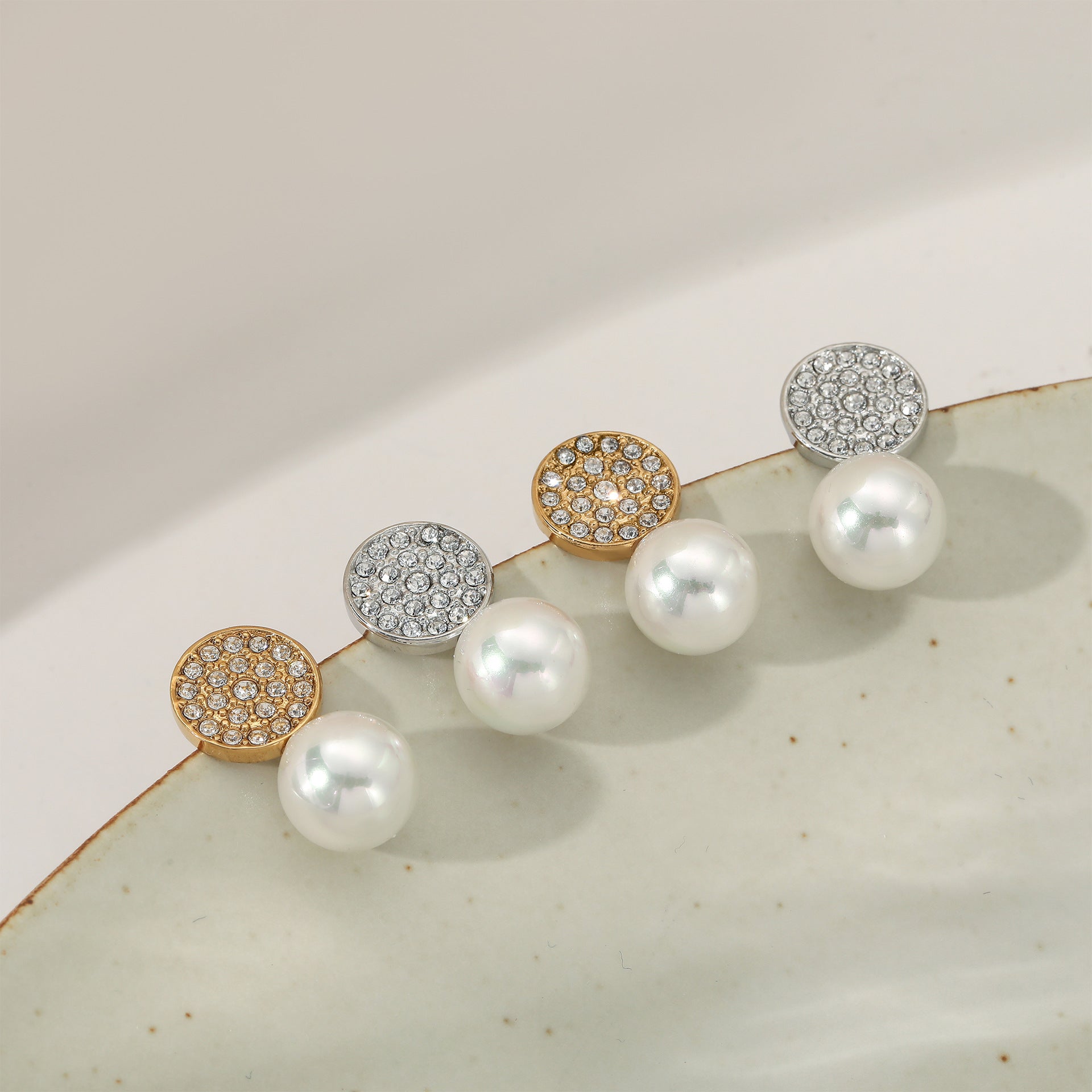 Stainless Steel Imitation Pearl White Zircons Stud Earrings 18K Gold Plated Trendy Women's Jewelry for Wedding Gift