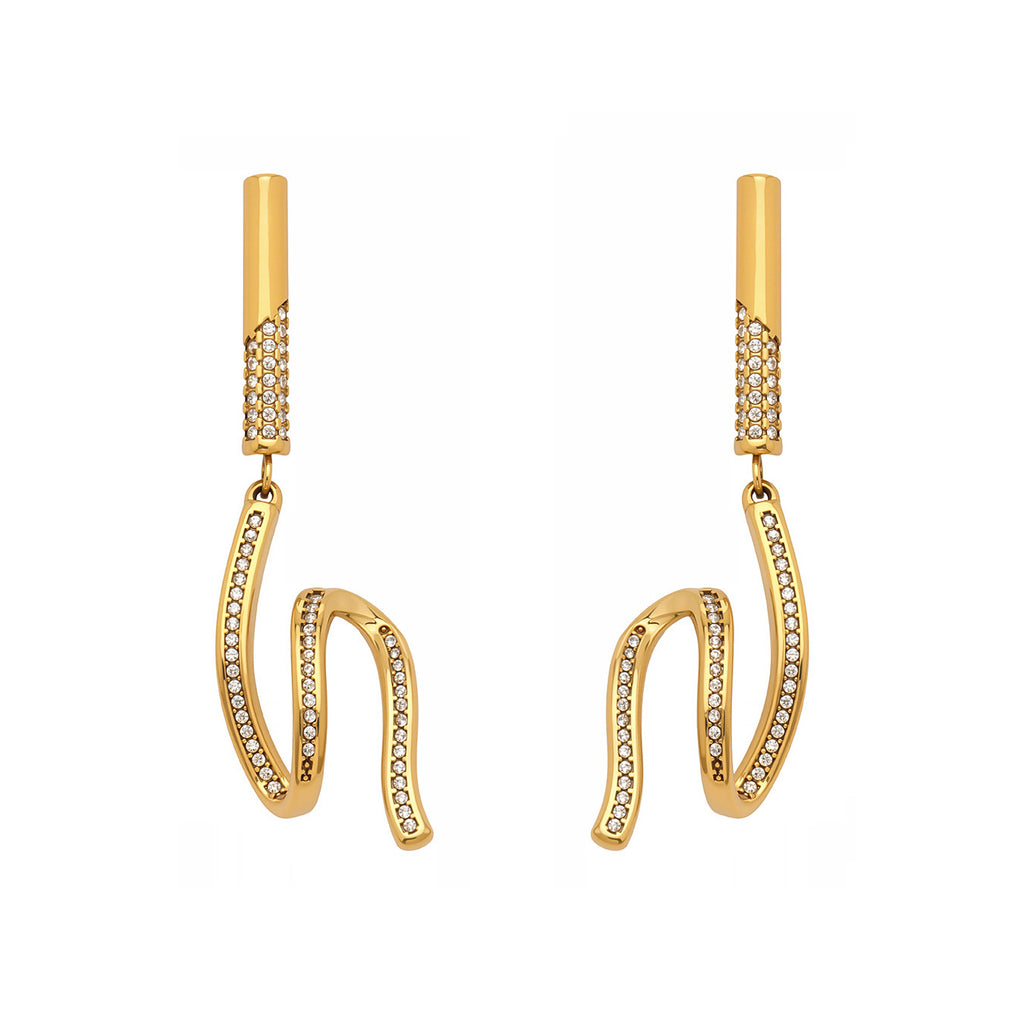 Vintage 18K Gold Plated Stainless Steel Long Drop Earrings with CROWN Shape Zircon Stones Unisex