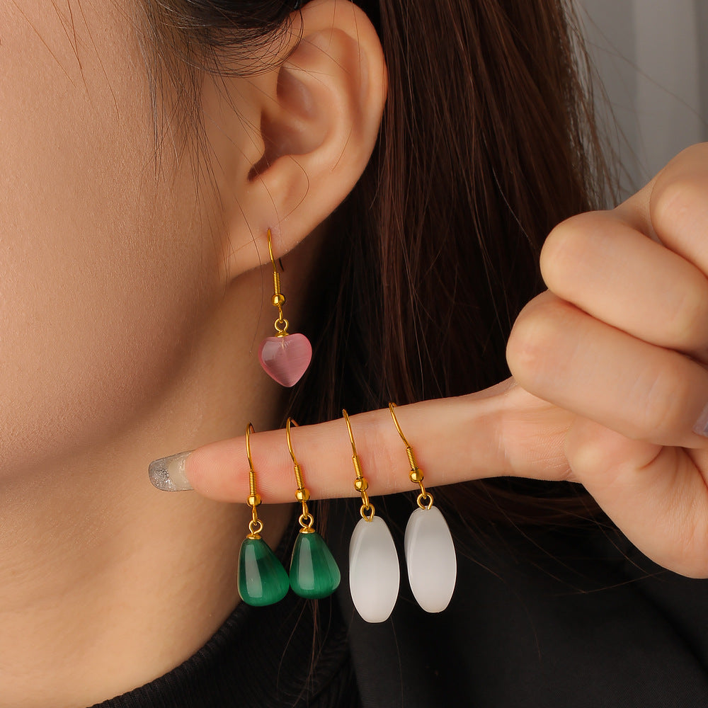 Wholesale Stainless Steel 18K Gold Plated Vintage Drop Earrings Hook Rose Quartz Stones Heart Shape for Women's Party Occasions