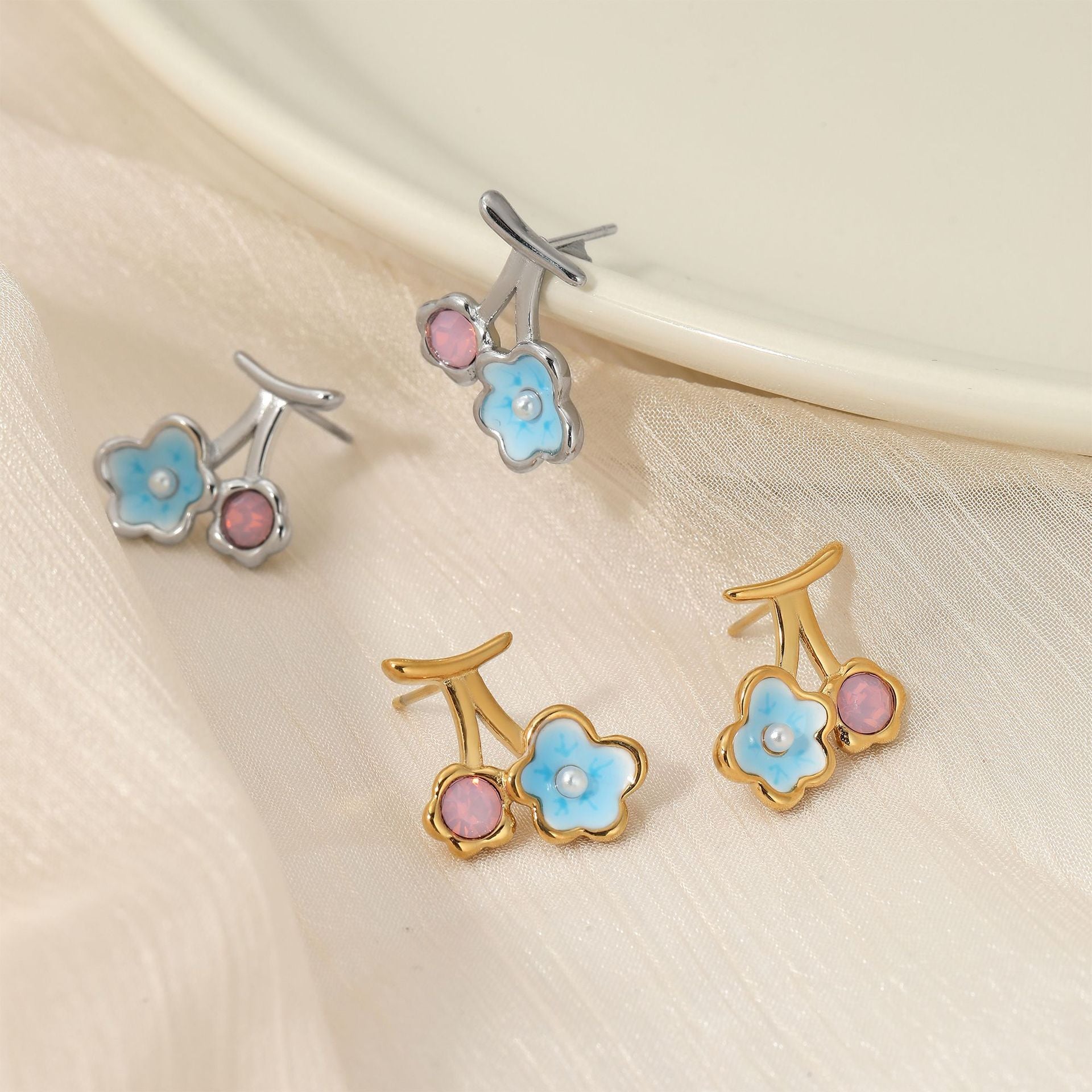 Stainless Steel Imitation Pearl Flower Stud Earrings 18K Gold Plated Trendy Women's Jewelry for Anniversary