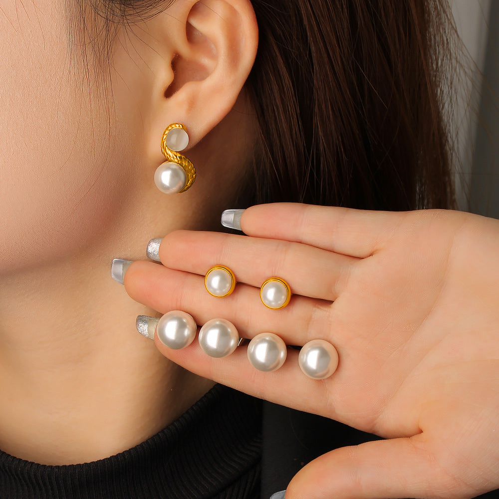 High End Vintage 18K Gold Women's Pearl Stud Earrings Stylish Geometric Pattern Stainless Steel Jewelry Multiple Colors