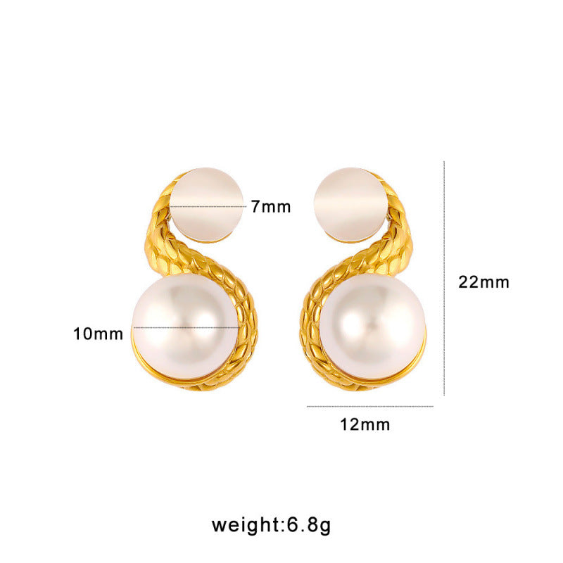 High End Vintage 18K Gold Women's Pearl Stud Earrings Stylish Geometric Pattern Stainless Steel Jewelry Multiple Colors