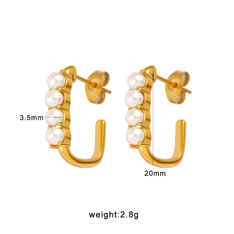 High End Vintage 18K Gold Women's Pearl Stud Earrings Stylish Geometric Pattern Stainless Steel Jewelry Multiple Colors