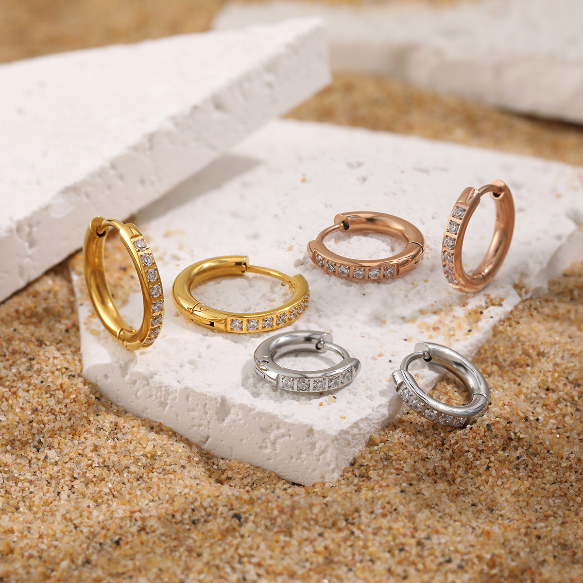 Trendy Stainless Steel Real Gold Plated Bridal Hoop Huggie Earrings for Unisex Small Size Wholesale White Zircons for Party Gift