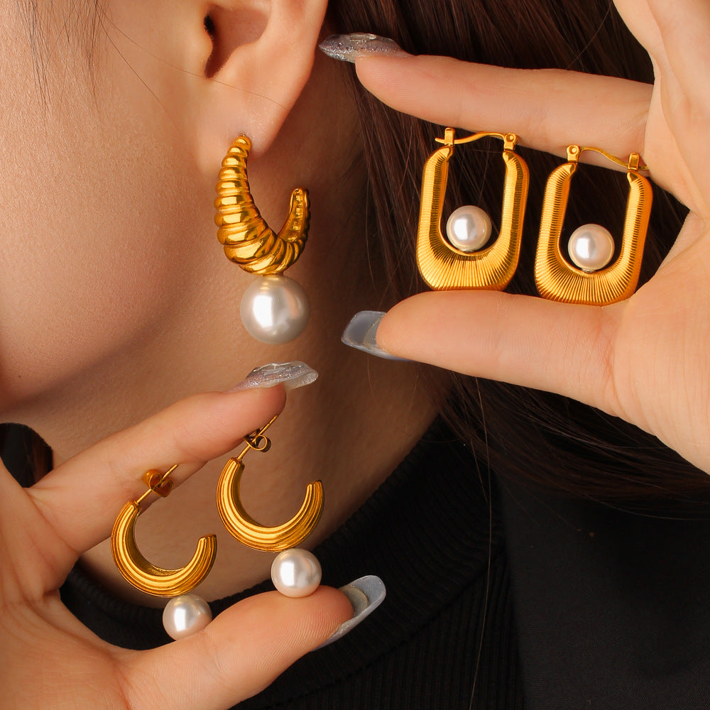 Huggie Drop Earrings 18K Gold Plated Stainless Steel Volcano Lava Pearl Pendant Women's Anniversary Trendy
