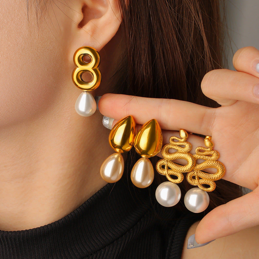 Huggie Drop Earrings 18K Gold Plated Stainless Steel Volcano Lava Pearl Pendant Women's Anniversary Trendy