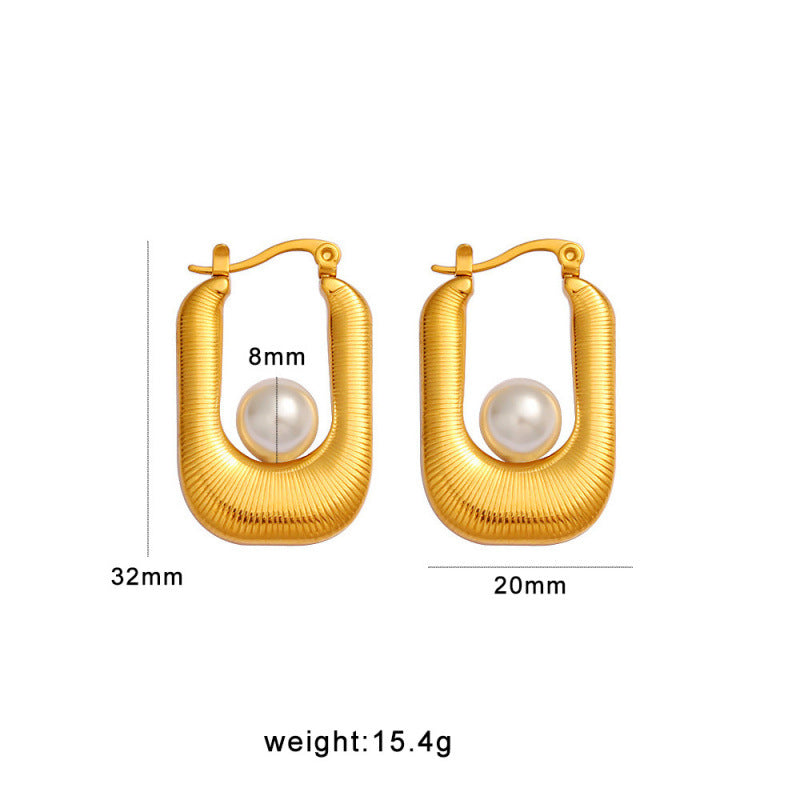 Huggie Drop Earrings 18K Gold Plated Stainless Steel Volcano Lava Pearl Pendant Women's Anniversary Trendy
