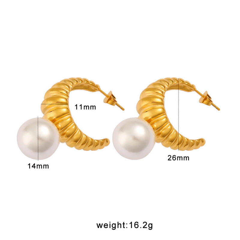 Huggie Drop Earrings 18K Gold Plated Stainless Steel Volcano Lava Pearl Pendant Women's Anniversary Trendy