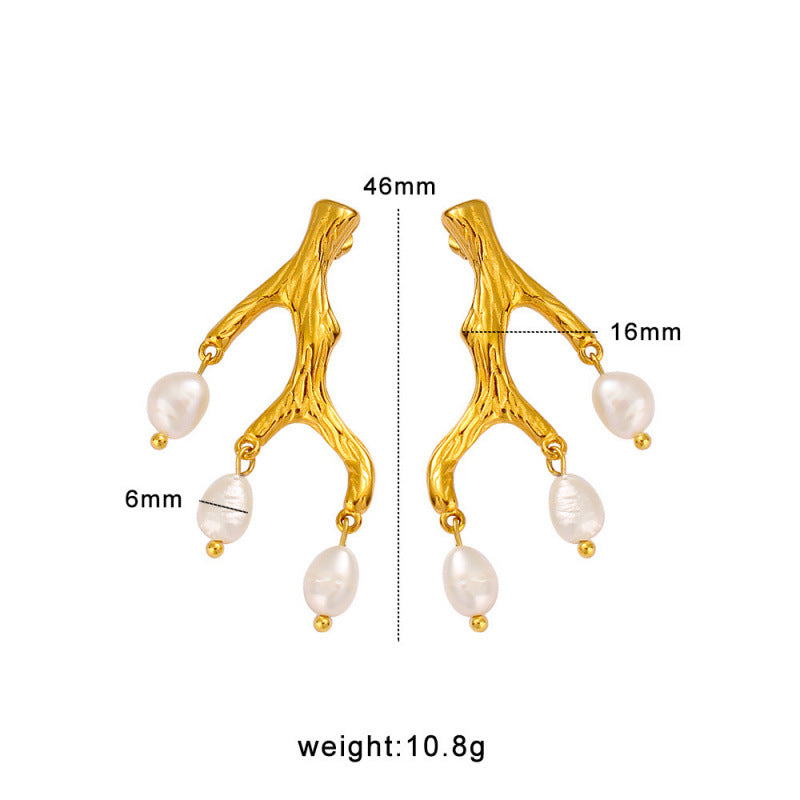 Huggie Drop Earrings 18K Gold Plated Stainless Steel Volcano Lava Pearl Pendant Women's Anniversary Trendy