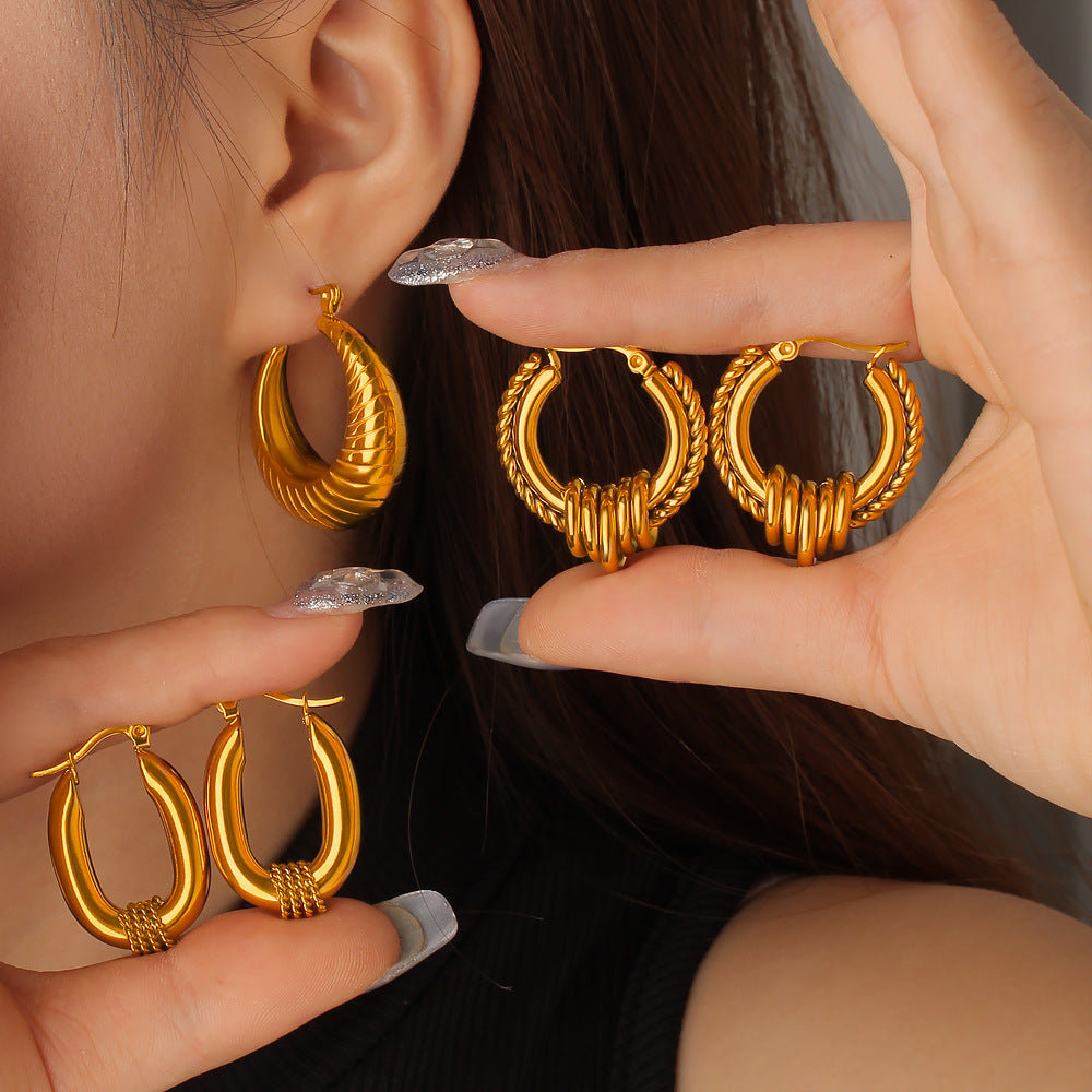 18K Gold Plated Waterproof Stainless Steel Hoop Earrings Customizable Trendy Classic Geometric Peace Jewelry Unisex for Parties