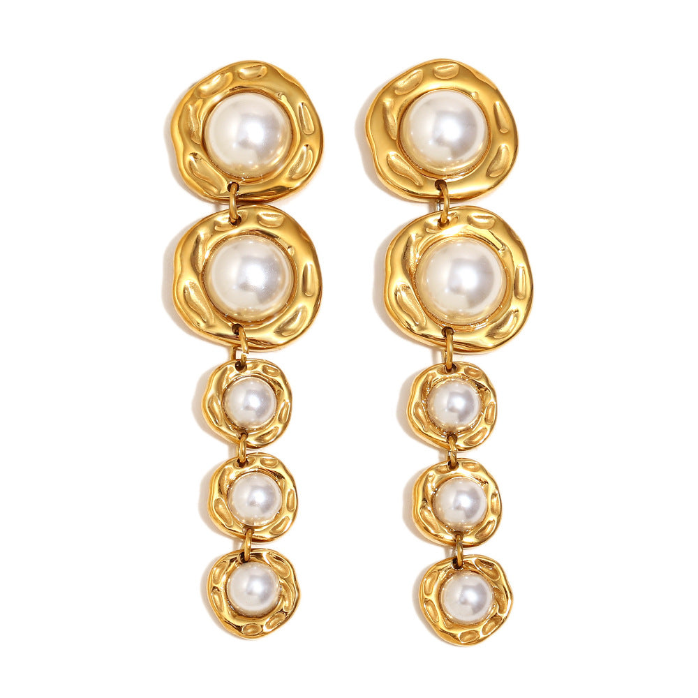 Trendy Stainless Steel Drop Earrings for Women Real Gold PVD Plated with Long Pearls Flower Pattern for Parties