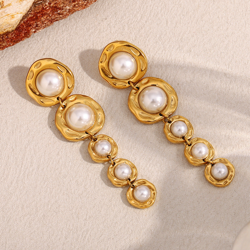 Trendy Stainless Steel Drop Earrings for Women Real Gold PVD Plated with Long Pearls Flower Pattern for Parties