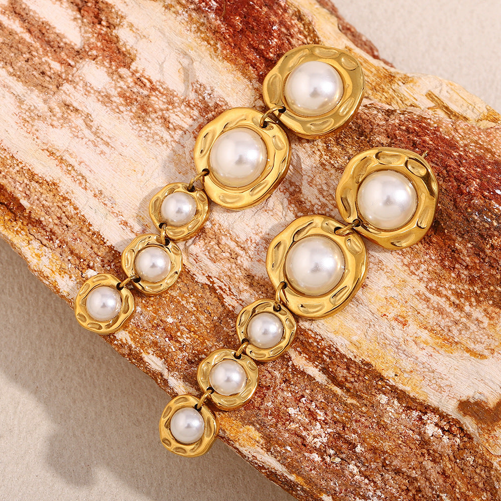 Trendy Stainless Steel Drop Earrings for Women Real Gold PVD Plated with Long Pearls Flower Pattern for Parties