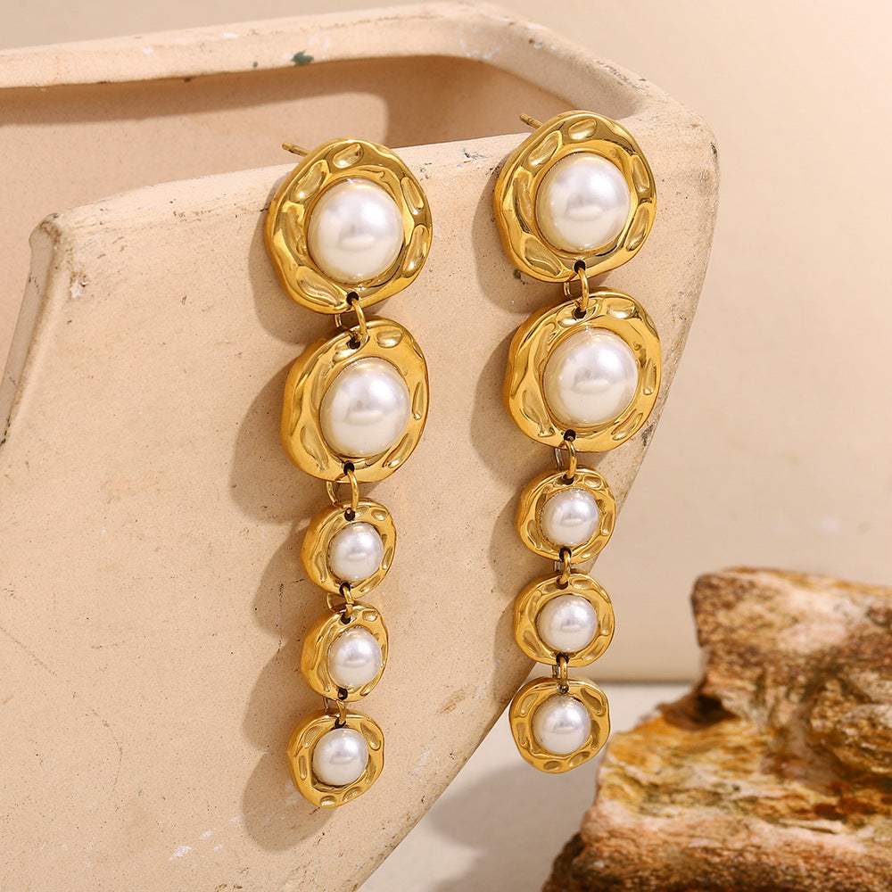 Trendy Stainless Steel Drop Earrings for Women Real Gold PVD Plated with Long Pearls Flower Pattern for Parties