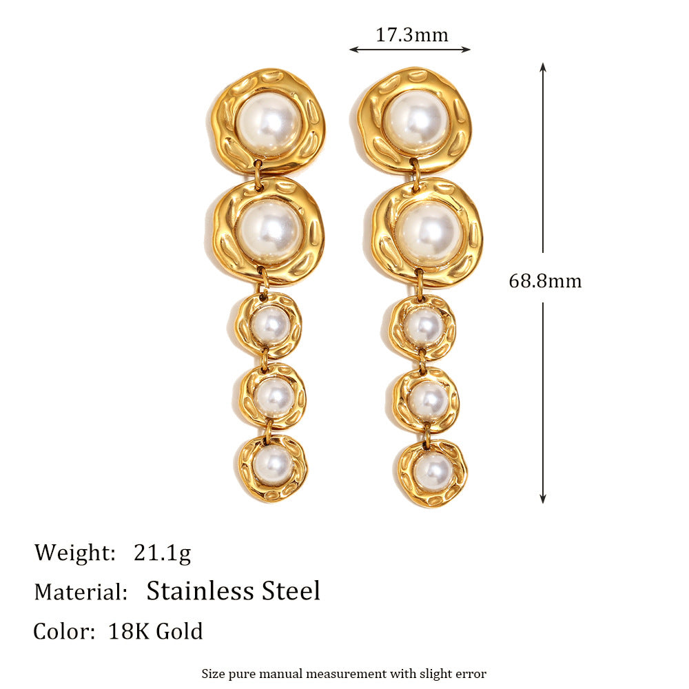 Trendy Stainless Steel Drop Earrings for Women Real Gold PVD Plated with Long Pearls Flower Pattern for Parties