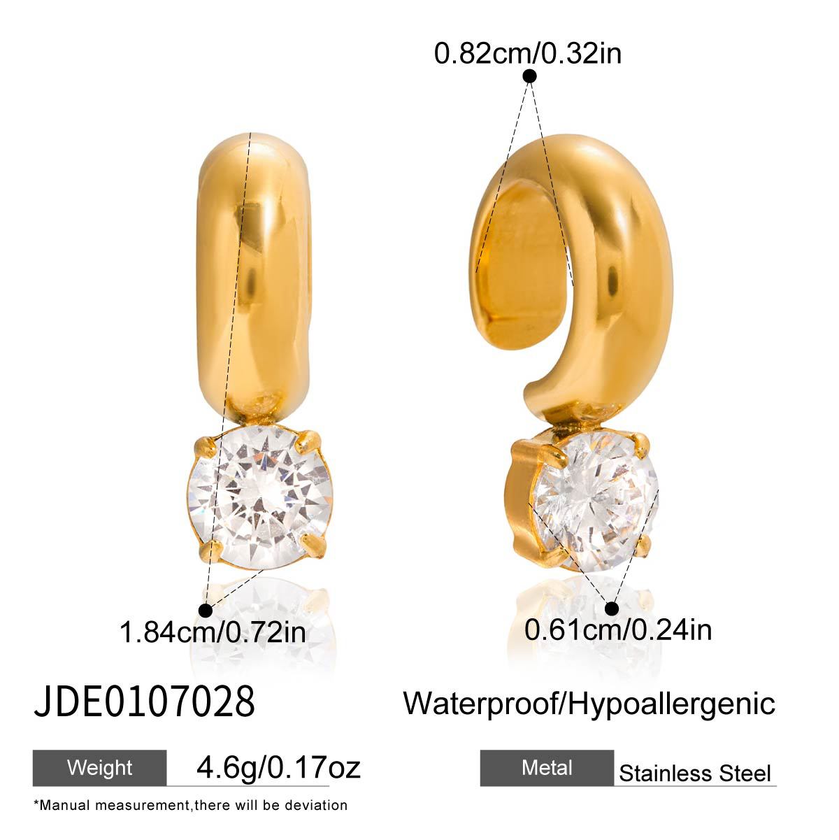 custom cuff earring Stainless Steel real Gold PVD Plated Earrings Cuff Waterproof Hypoallergenic Tarnish-Free Cute Zircon