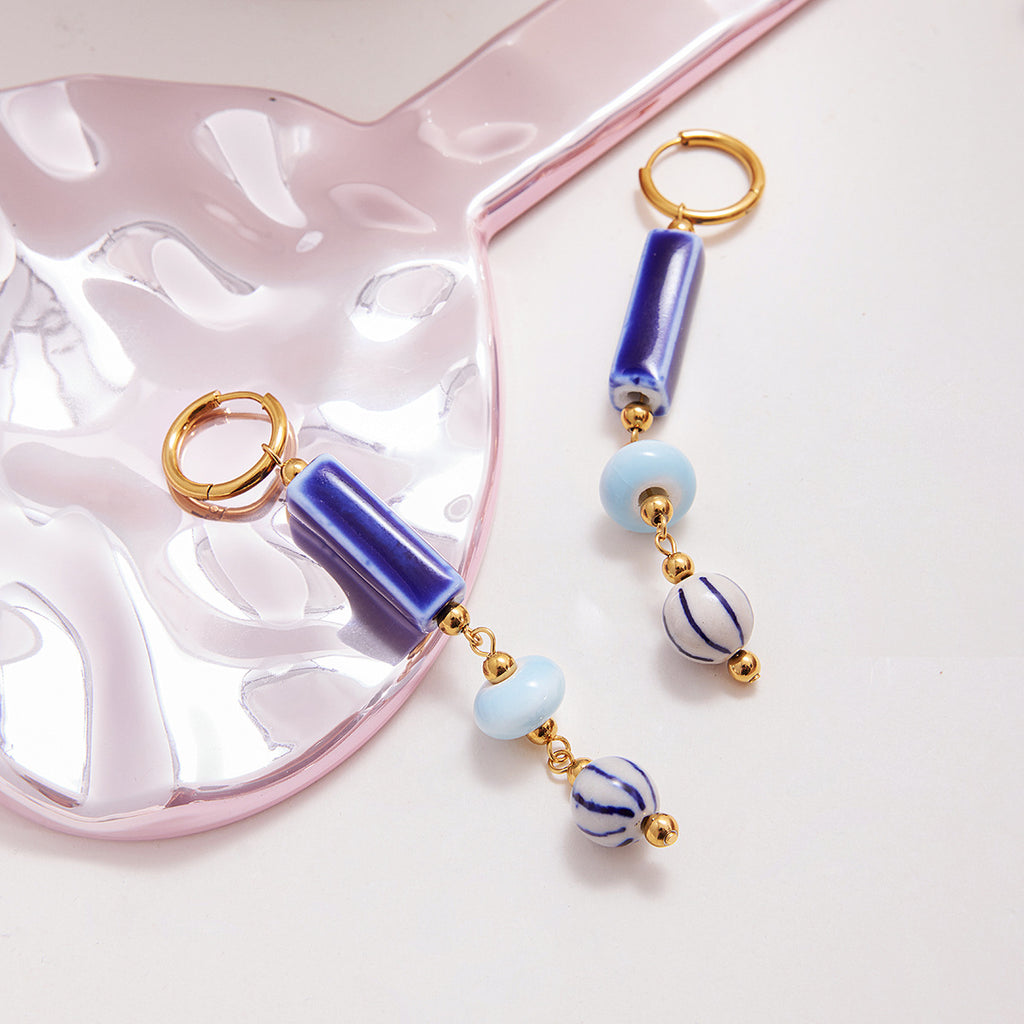 18K Gold Plated Stainless Steel Drop Earrings Girls Trendy Long Drop Earrings Custom Natural Stone Flower Pattern Perfect Gift