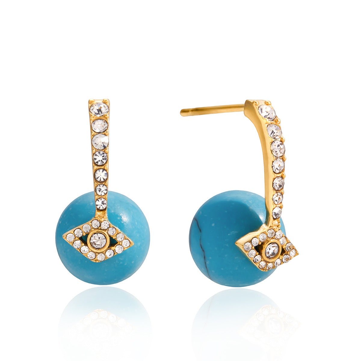 Customizable Romantic Turquoise Ball Earrings for Girls 18K Gold PVD Plated Stainless Steel Stud Bezel Setting with Zircons