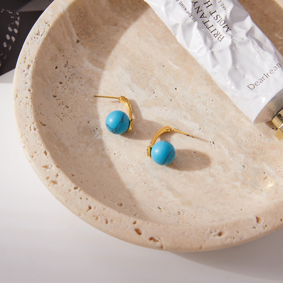 Customizable Romantic Turquoise Ball Earrings for Girls 18K Gold PVD Plated Stainless Steel Stud Bezel Setting with Zircons