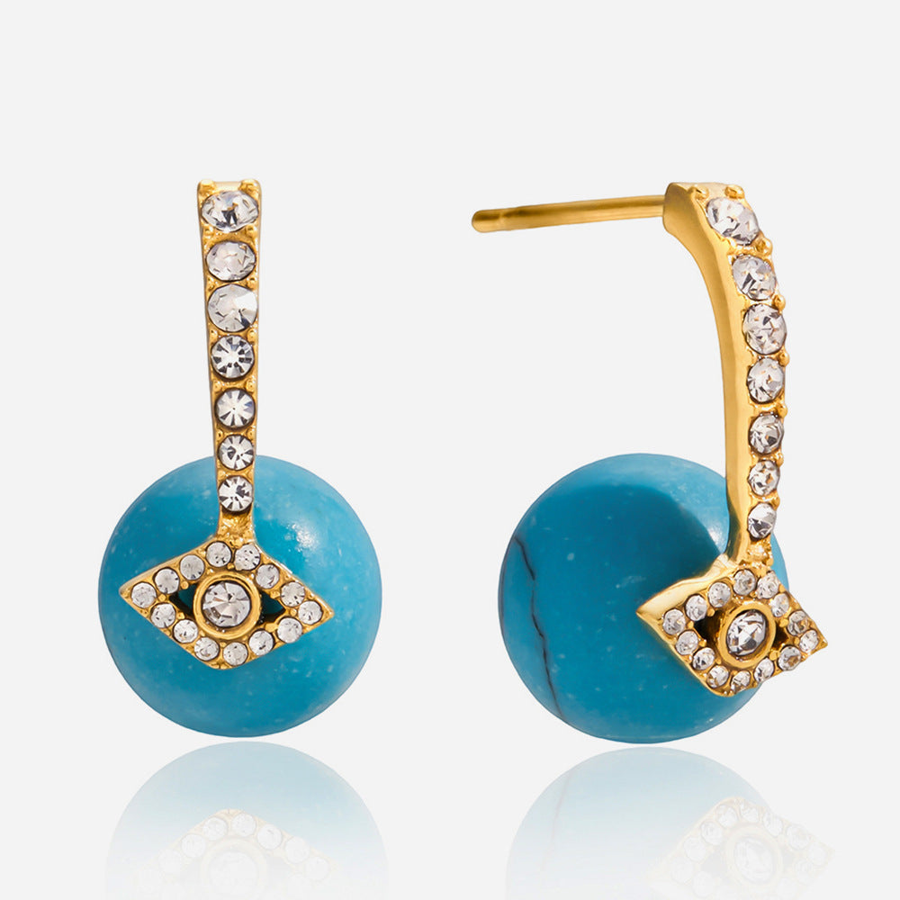 Customizable Romantic Turquoise Ball Earrings for Girls 18K Gold PVD Plated Stainless Steel Stud Bezel Setting with Zircons