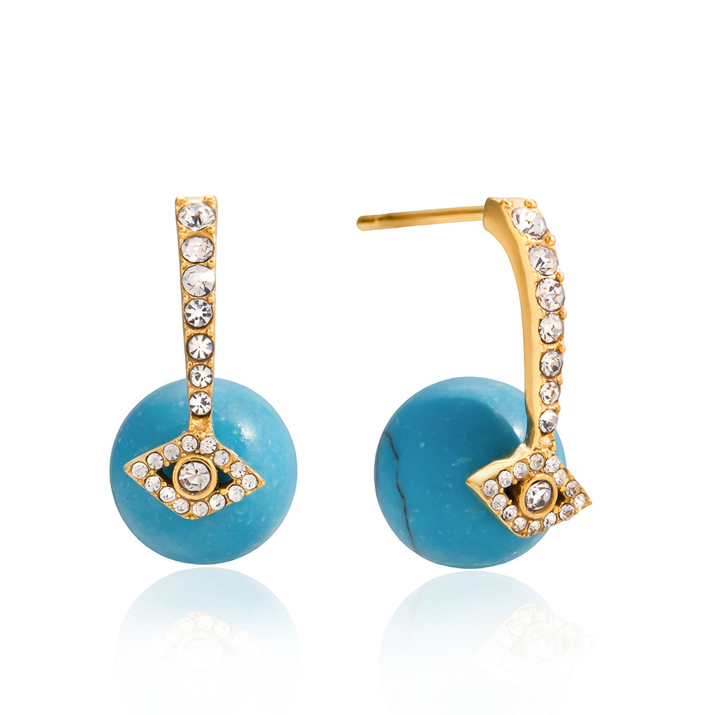 Customizable Romantic Turquoise Ball Earrings for Girls 18K Gold PVD Plated Stainless Steel Stud Bezel Setting with Zircons