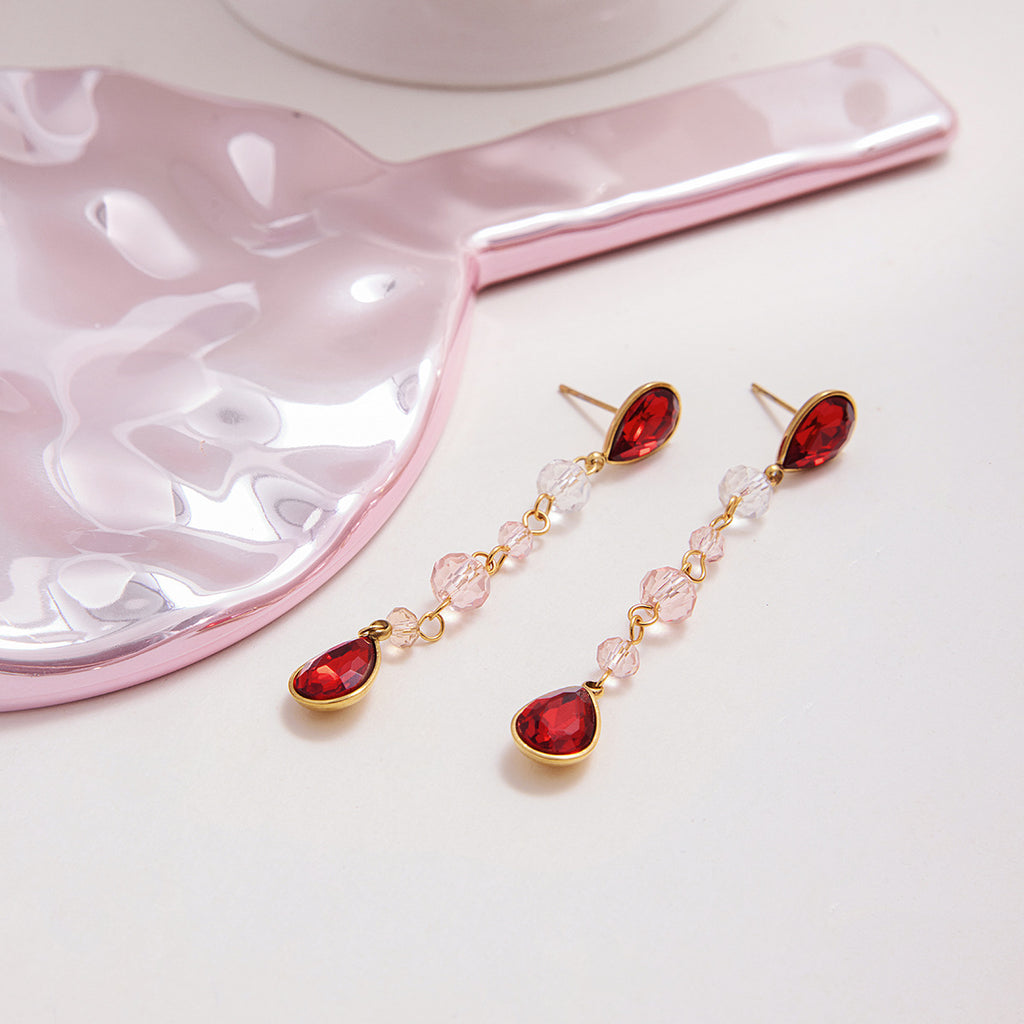 18K Gold Plated Stainless Steel Long Drop Earrings for Girls Trendy Read and White Glass Earrings for Gift Fashion Drop Earrings