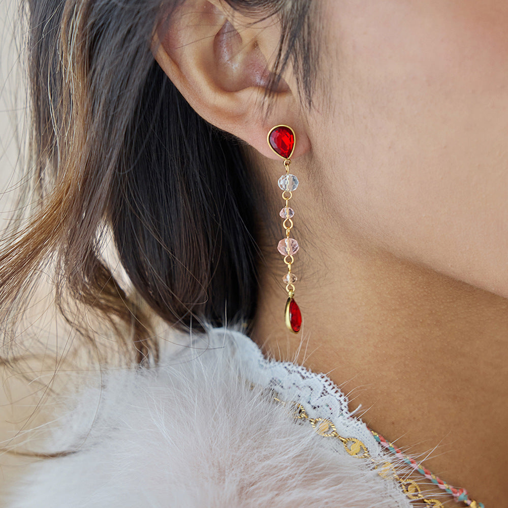 18K Gold Plated Stainless Steel Long Drop Earrings for Girls Trendy Read and White Glass Earrings for Gift Fashion Drop Earrings