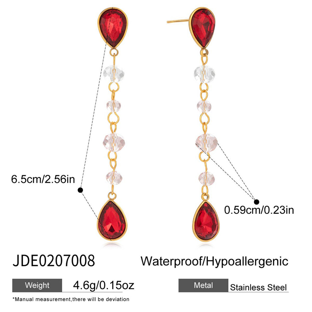 18K Gold Plated Stainless Steel Long Drop Earrings for Girls Trendy Read and White Glass Earrings for Gift Fashion Drop Earrings