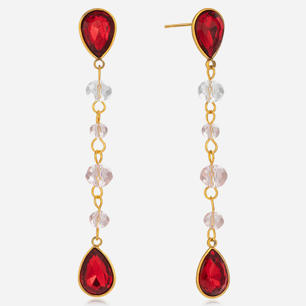 18K Gold Plated Stainless Steel Long Drop Earrings for Girls Trendy Read and White Glass Earrings for Gift Fashion Drop Earrings