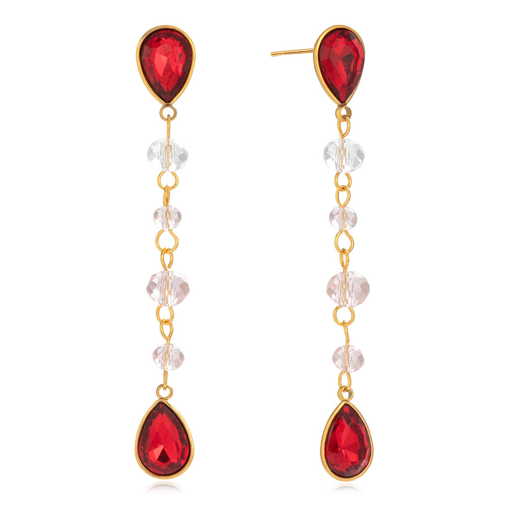18K Gold Plated Stainless Steel Long Drop Earrings for Girls Trendy Read and White Glass Earrings for Gift Fashion Drop Earrings