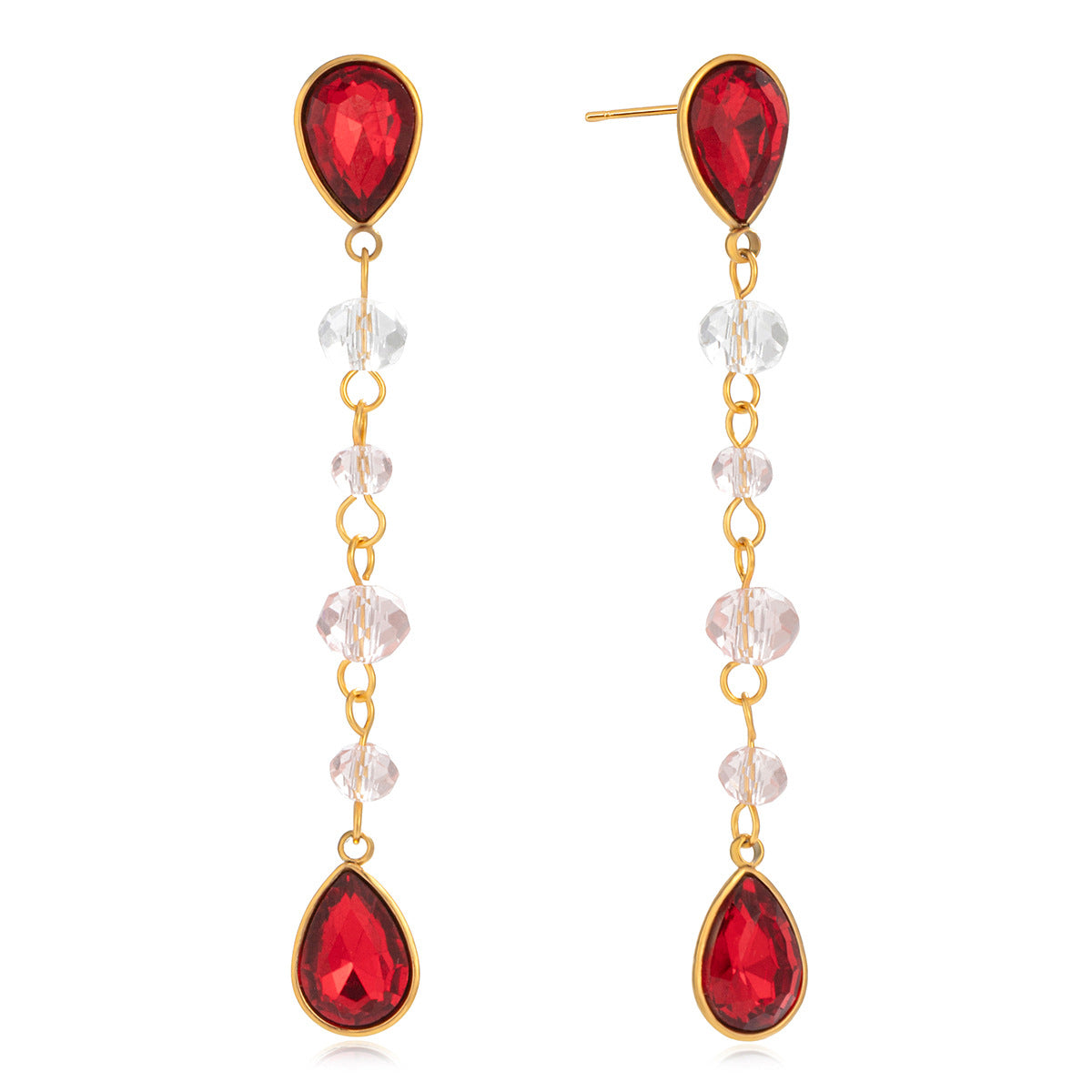 18K Gold Plated Stainless Steel Long Drop Earrings for Girls Trendy Read and White Glass Earrings for Gift Fashion Drop Earrings