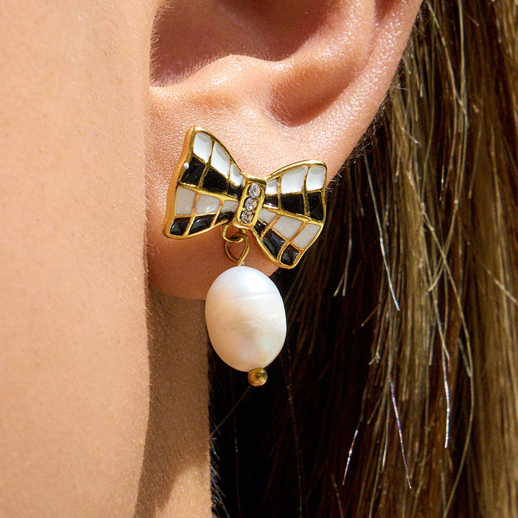 Customizable Real Gold Plated Stainless Steel Earrings Trendy Cute Colorful Enamel Bow Zircon Pearl Drop for Girls for Parties