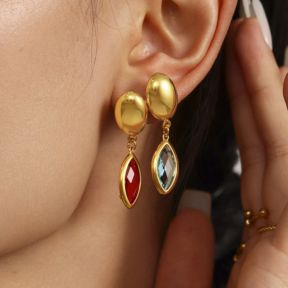 Wholesale Stainless Steel Eye Drop Earrings with Real Gold Plating Fashion Jewelry in Multiple Glass Colors