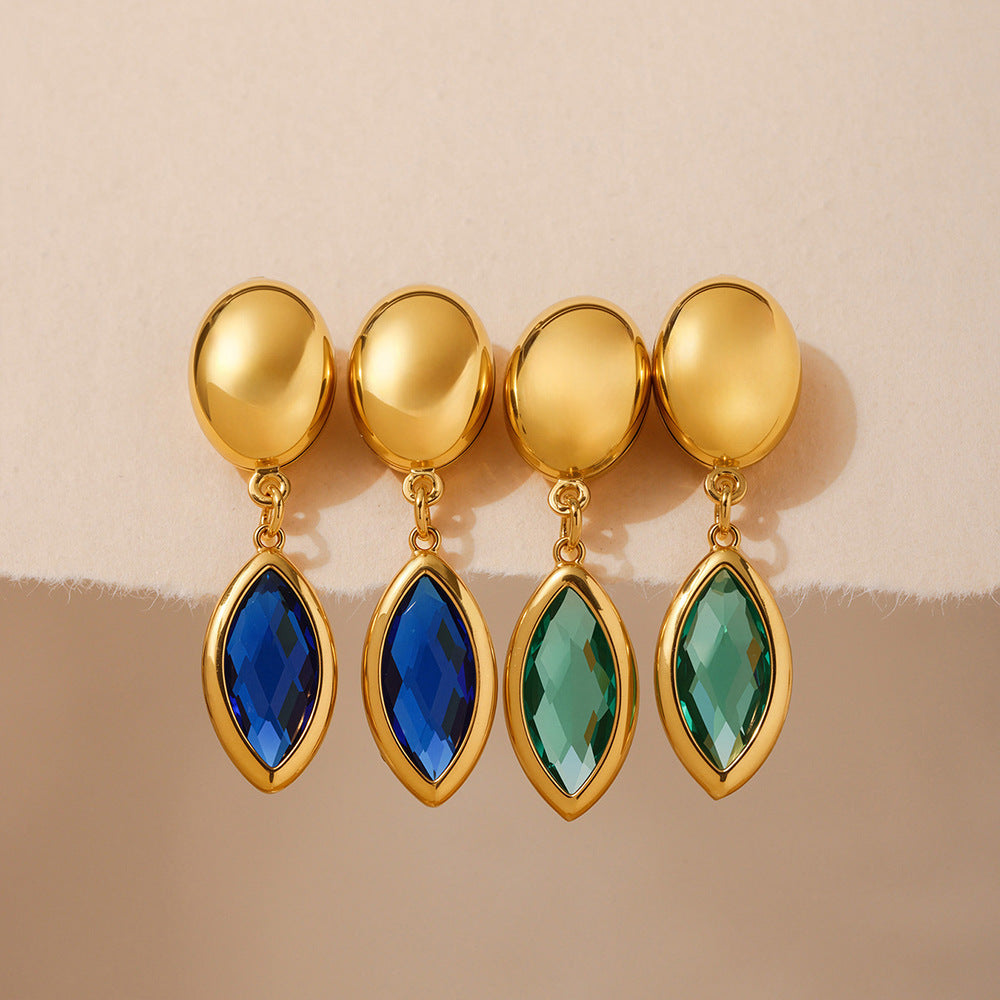 Wholesale Stainless Steel Eye Drop Earrings with Real Gold Plating Fashion Jewelry in Multiple Glass Colors