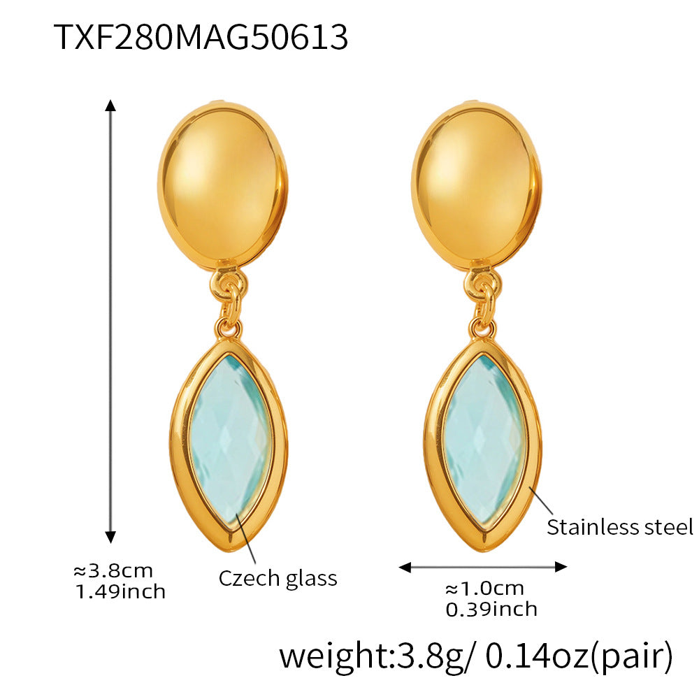 Wholesale Stainless Steel Eye Drop Earrings with Real Gold Plating Fashion Jewelry in Multiple Glass Colors