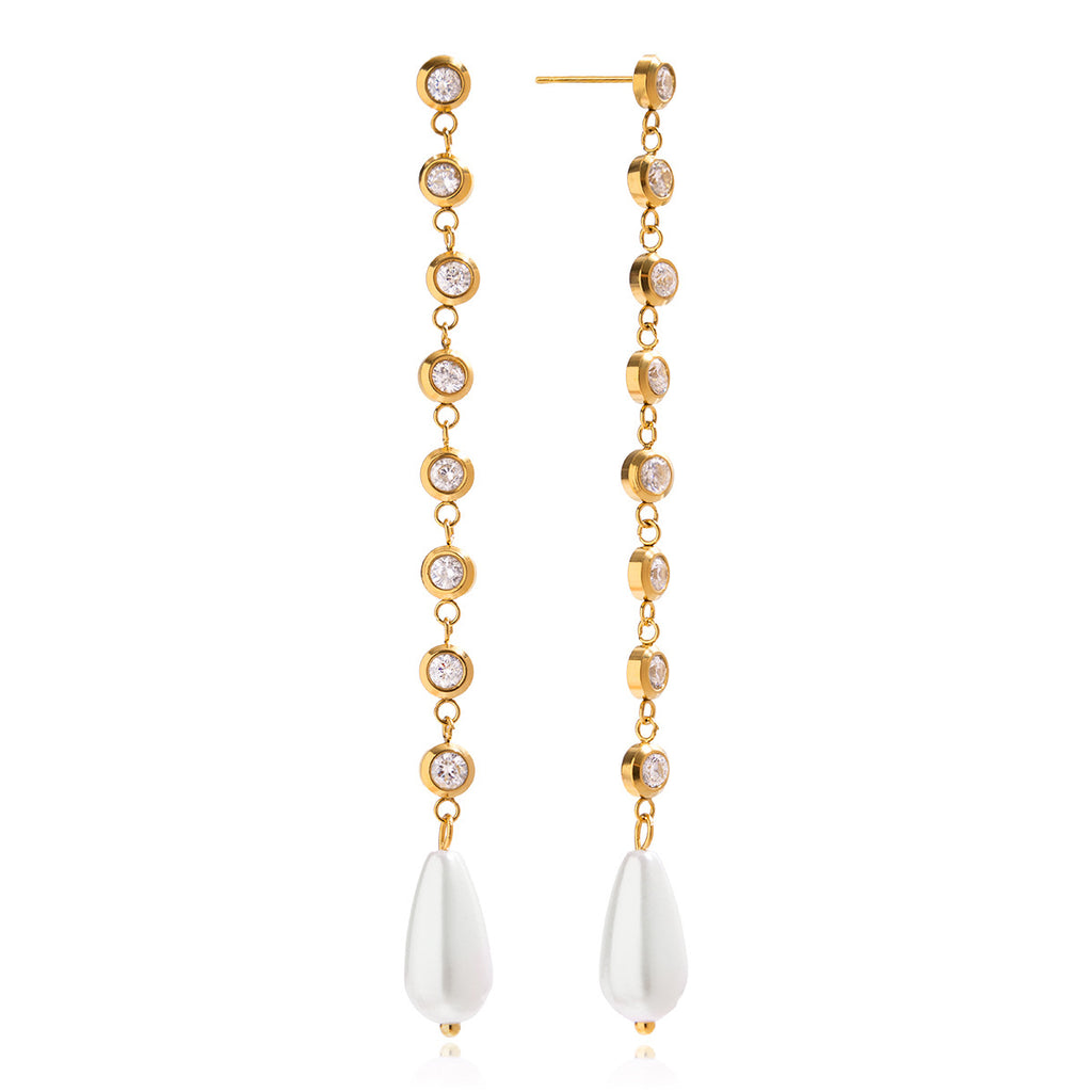 Customizable 18K Gold PVD Plated Long Drop Earrings with Pearls Zircons Trendy Stainless Steel Jewelry for Girls for Parties