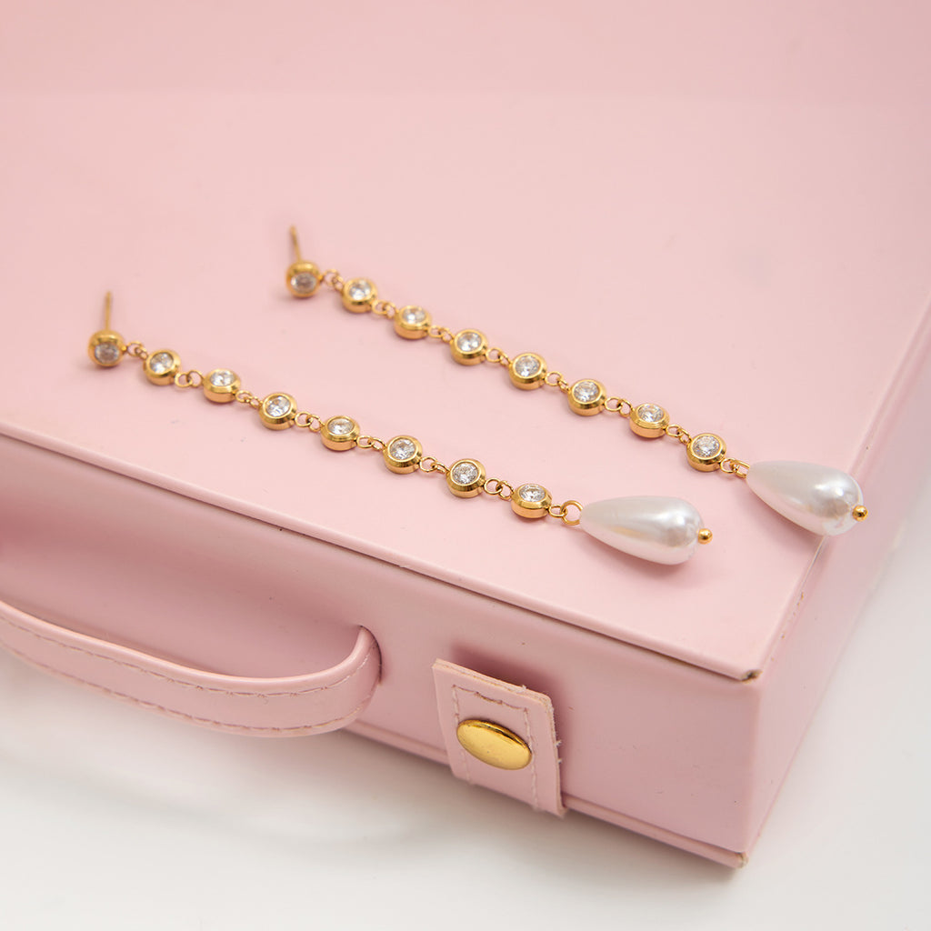 Customizable 18K Gold PVD Plated Long Drop Earrings with Pearls Zircons Trendy Stainless Steel Jewelry for Girls for Parties