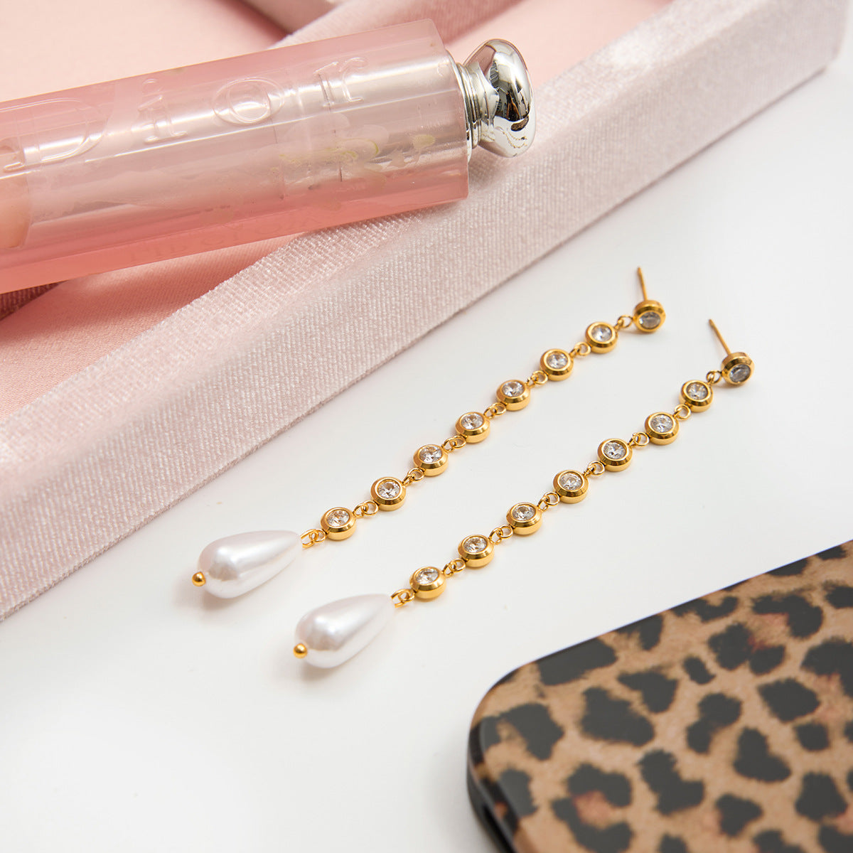 Customizable 18K Gold PVD Plated Long Drop Earrings with Pearls Zircons Trendy Stainless Steel Jewelry for Girls for Parties