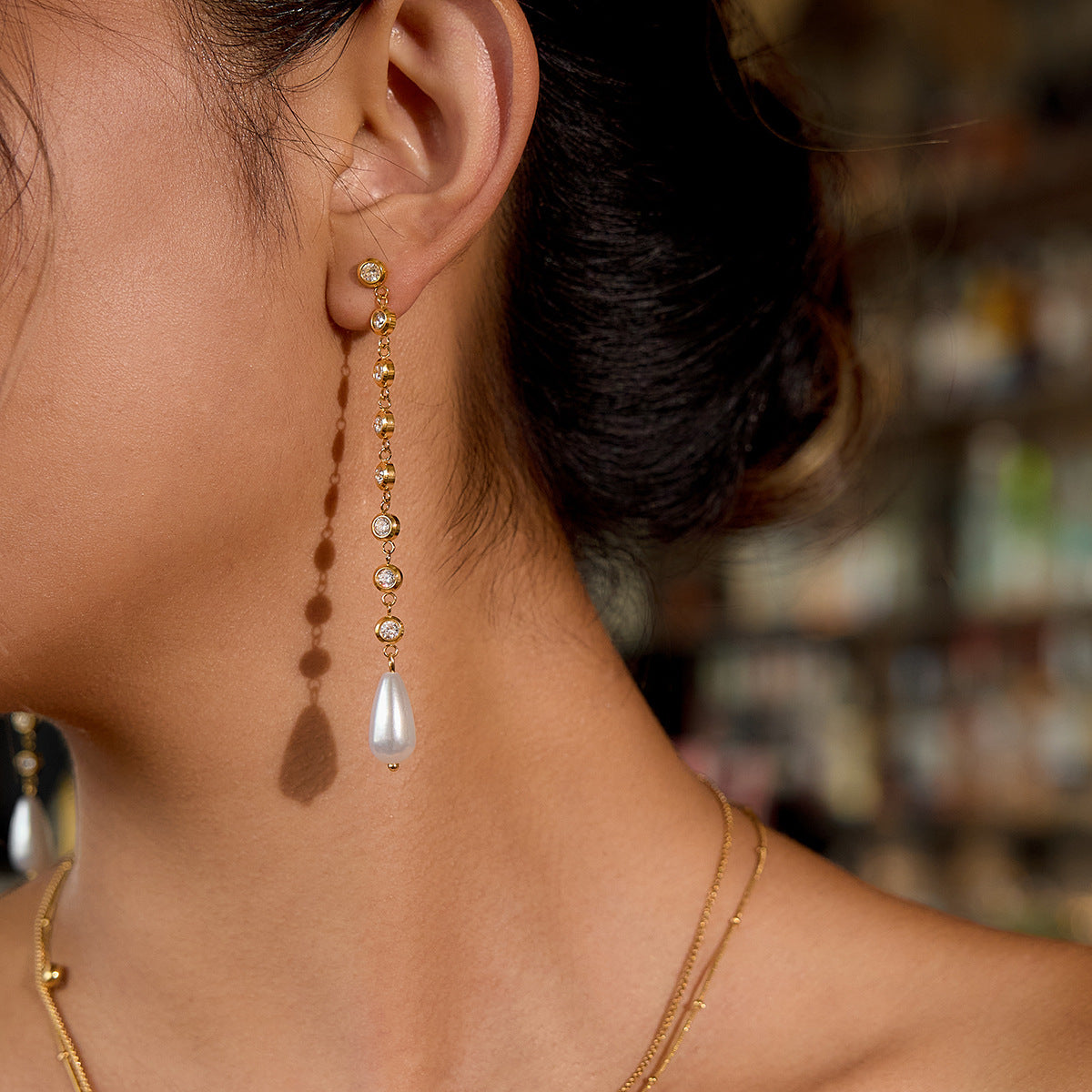 Customizable 18K Gold PVD Plated Long Drop Earrings with Pearls Zircons Trendy Stainless Steel Jewelry for Girls for Parties