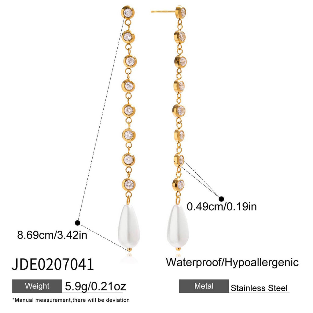 Customizable 18K Gold PVD Plated Long Drop Earrings with Pearls Zircons Trendy Stainless Steel Jewelry for Girls for Parties