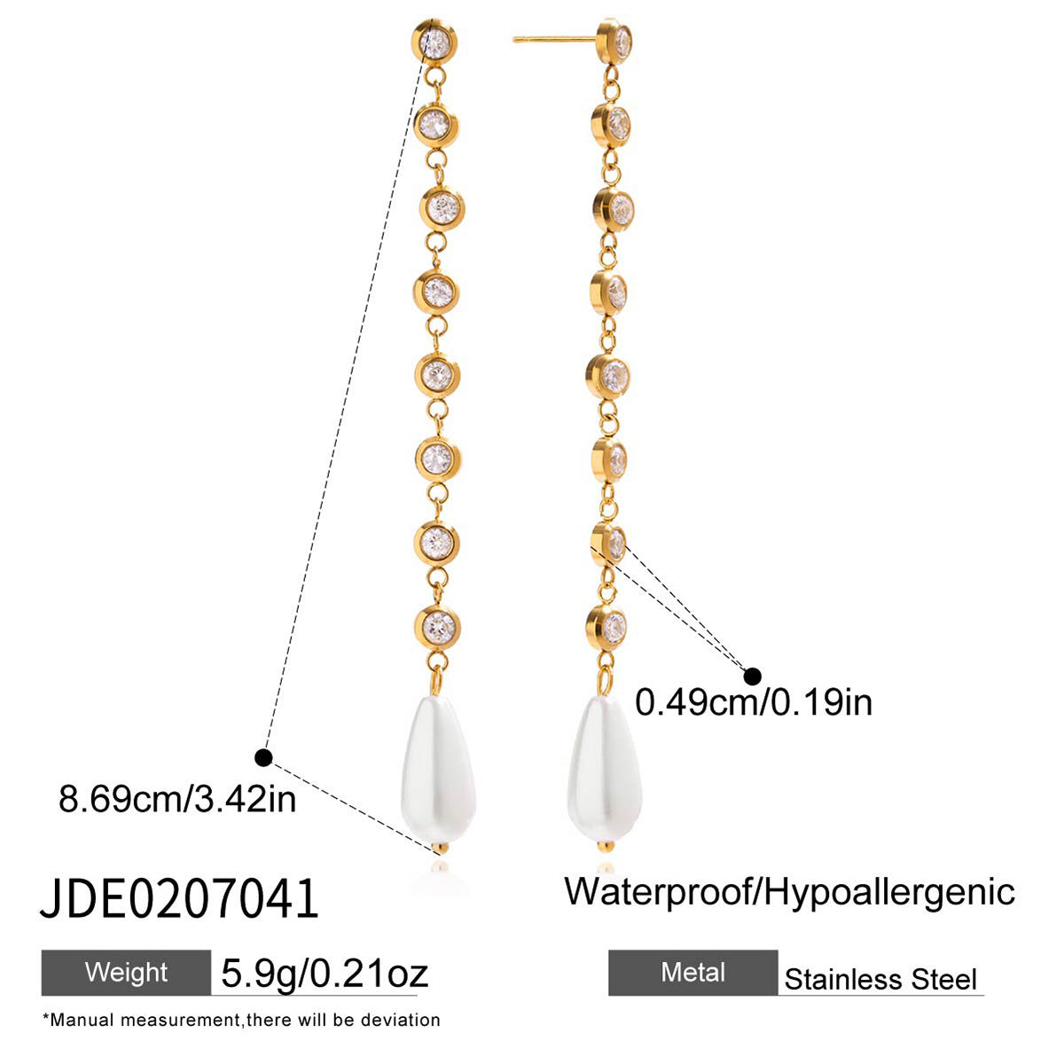 Customizable 18K Gold PVD Plated Long Drop Earrings with Pearls Zircons Trendy Stainless Steel Jewelry for Girls for Parties