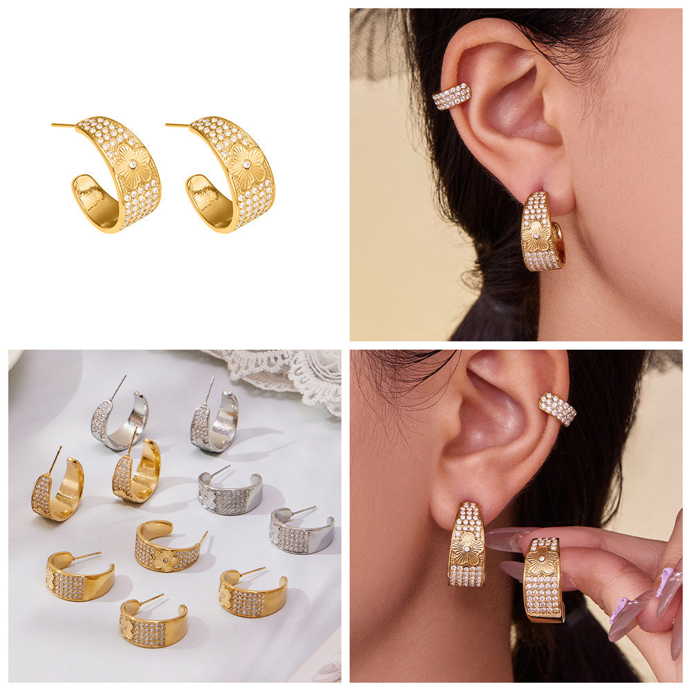 Wholesale 18K Gold Plated Stainless Steel Zirconia Hoop Earrings Waterproof Geometric Designs Trendy Jewelry for Parties