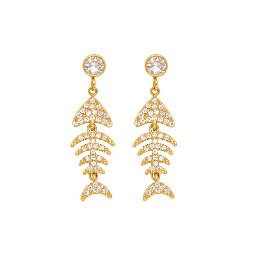 Stainless Steel 18K Gold PVD Plated Fish Stud Earrings Waterproof Hypoallergenic Tarnish-Free White Zircons Trendy Fashion Party