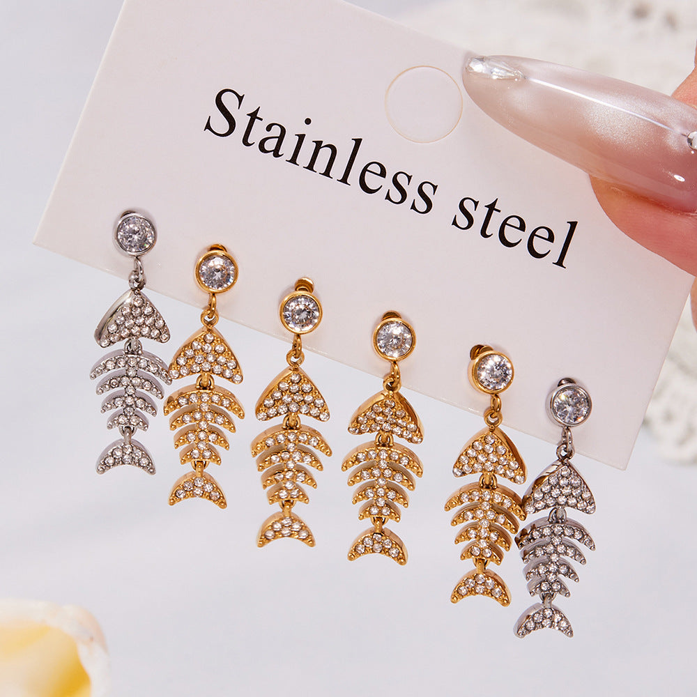 Stainless Steel 18K Gold PVD Plated Fish Stud Earrings Waterproof Hypoallergenic Tarnish-Free White Zircons Trendy Fashion Party