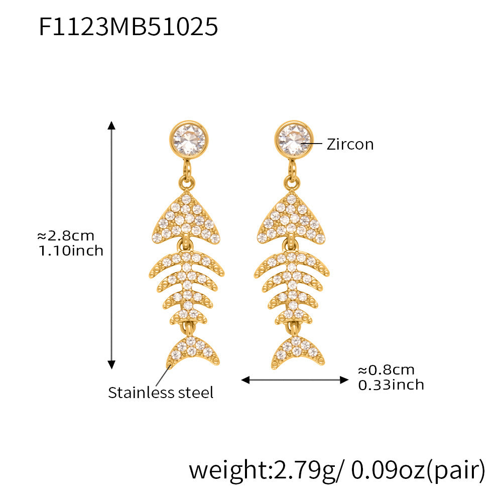 Stainless Steel 18K Gold PVD Plated Fish Stud Earrings Waterproof Hypoallergenic Tarnish-Free White Zircons Trendy Fashion Party