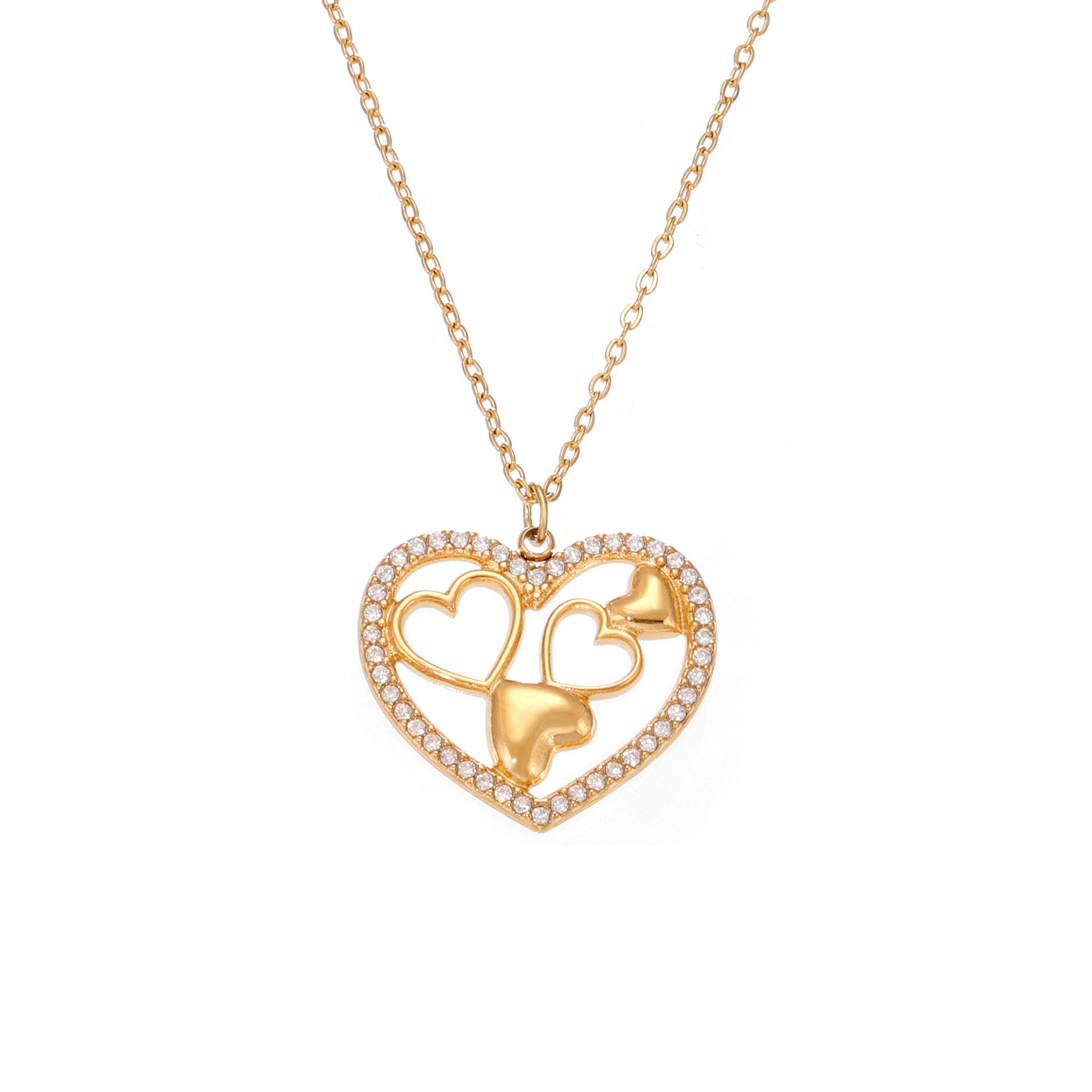 Real Gold PVD Plated Stainless Steel Heart Pendant Necklace with White Zircons Best Gift for Women's Party Link Chain