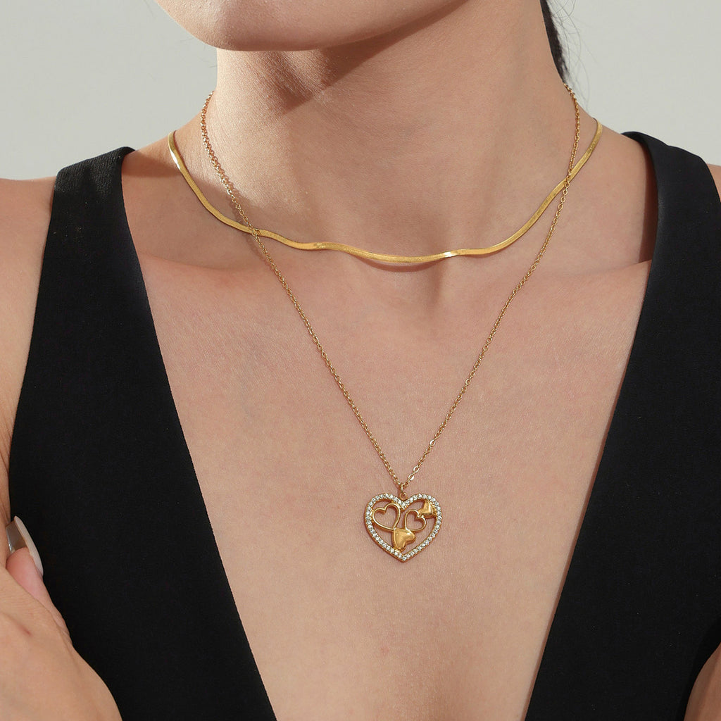 Real Gold PVD Plated Stainless Steel Heart Pendant Necklace with White Zircons Best Gift for Women's Party Link Chain
