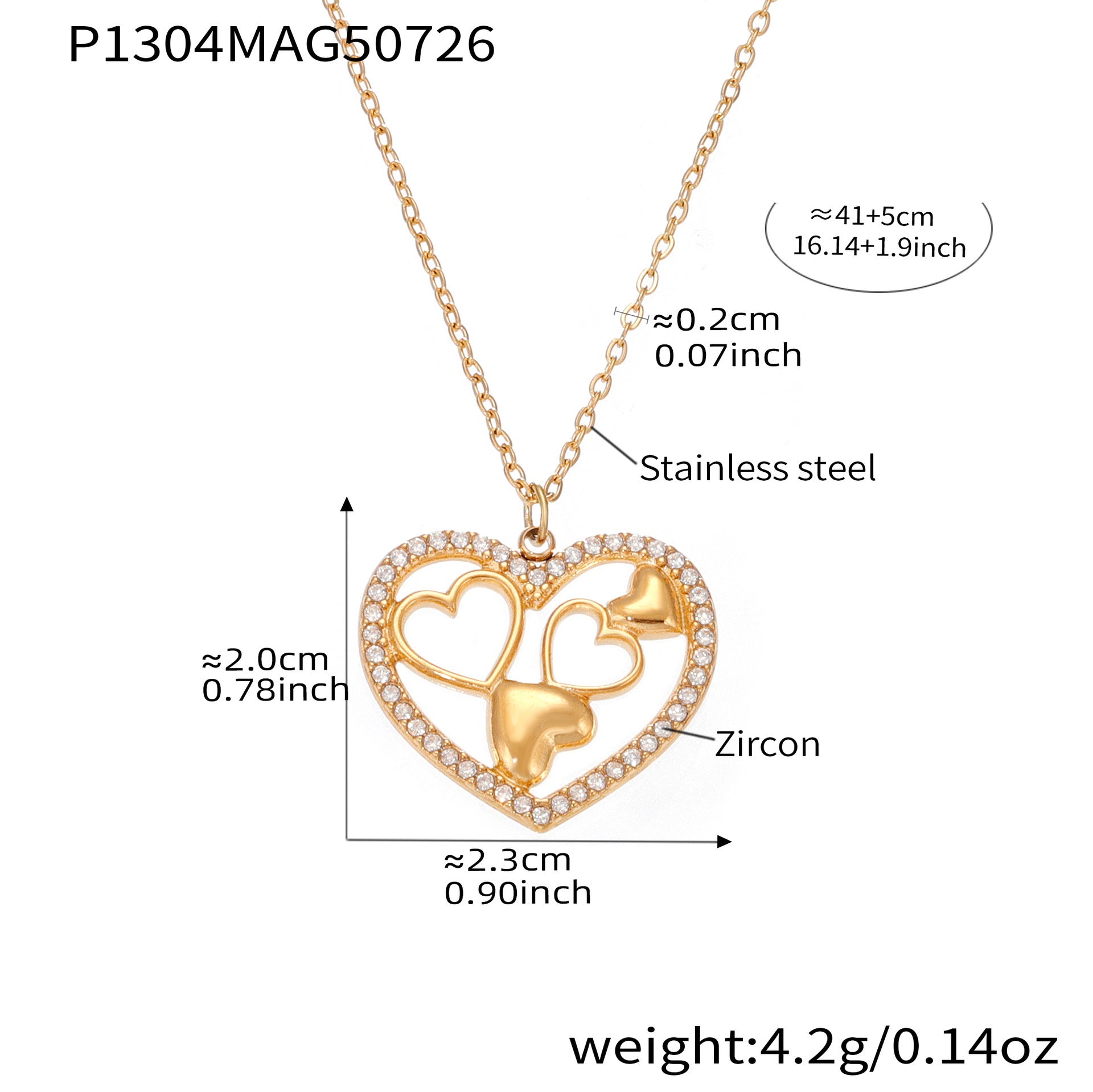 Real Gold PVD Plated Stainless Steel Heart Pendant Necklace with White Zircons Best Gift for Women's Party Link Chain