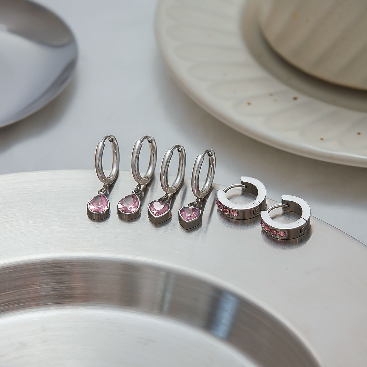 Trendy pink Zircon Drop Hypoallergenic Earrings for Women 18k Gold PVD Stainless Steel Zircon Earrings