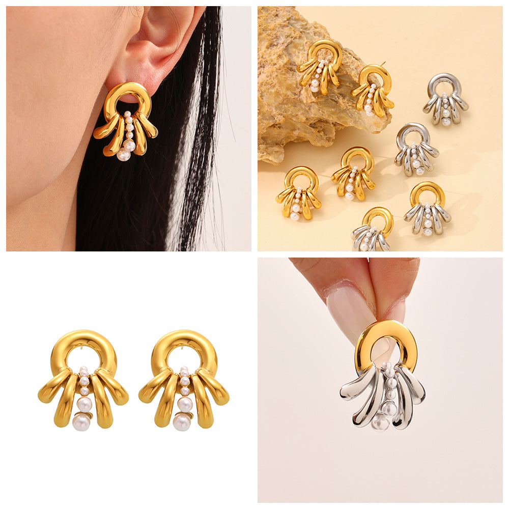 Real Gold Plated Stainless Steel Drop Earrings with Trendy Flower Pattern and Pearls for Party Fashion